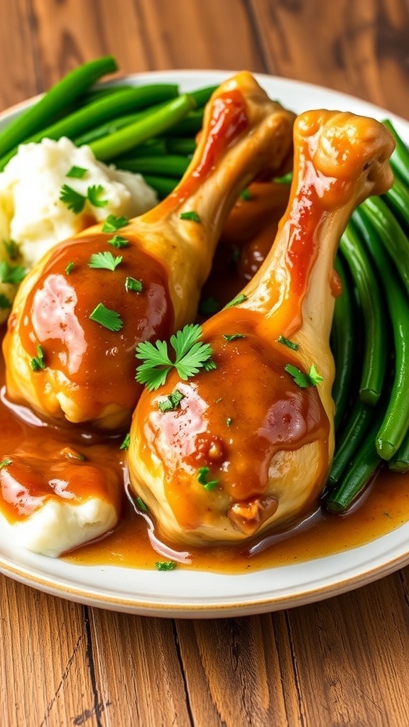 Chicken Drumsticks in Savory Gravy Recipe Chicken drumsticks in gravy on a plate with mashed potatoes and green beans.
